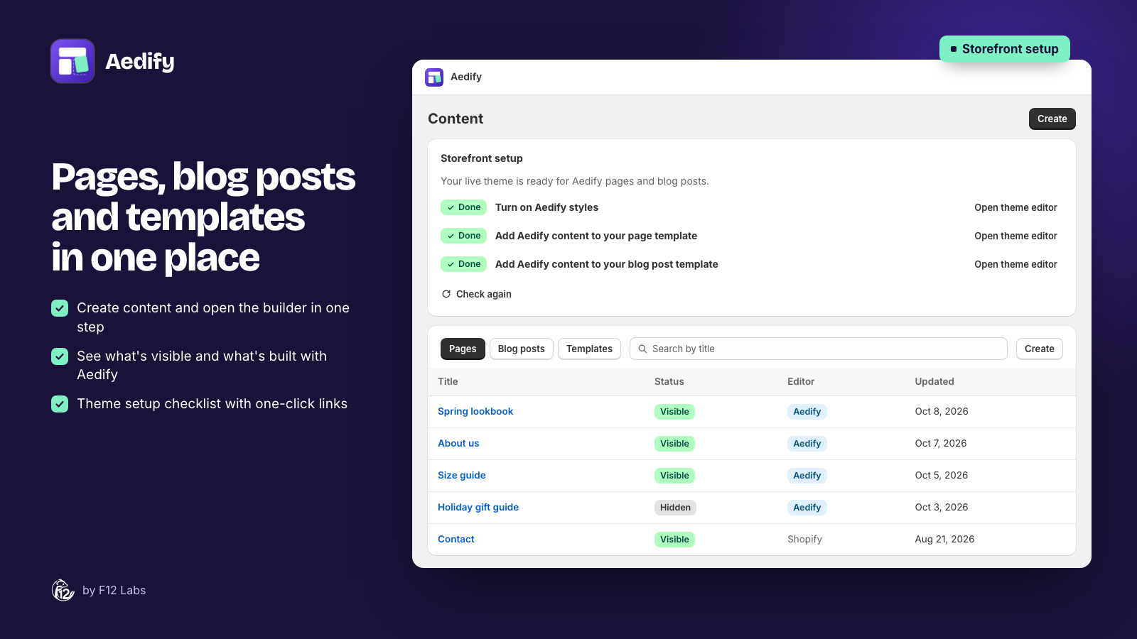 Aedify's content list with the storefront setup checklist done, and pages such as Spring lookbook, About us and Size guide marked Visible, built in Aedify, next to a Contact page built in Shopify
