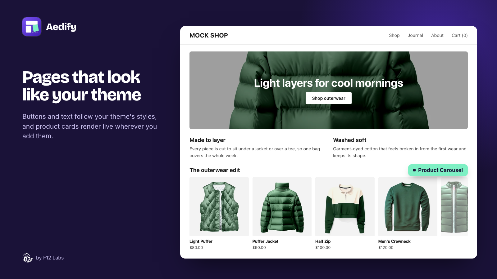 A Shopify store page built with Aedify, with a banner, two columns of text and a product carousel, styled by the store's theme