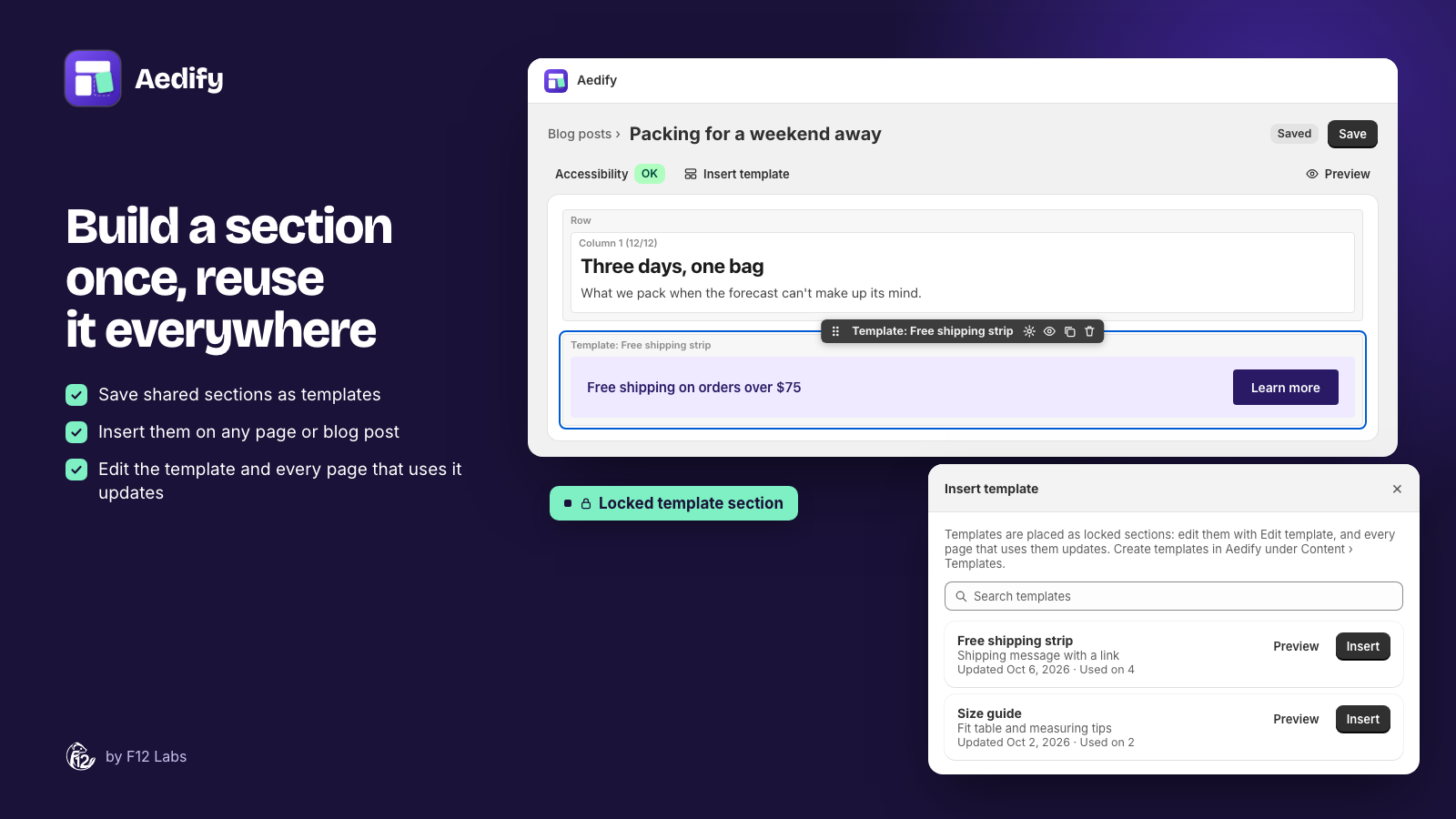 Aedify's builder with a locked "Free shipping strip" template section on a blog post, and the Insert template dialog listing saved templates such as Free shipping strip and Size guide, each with how many pages use it