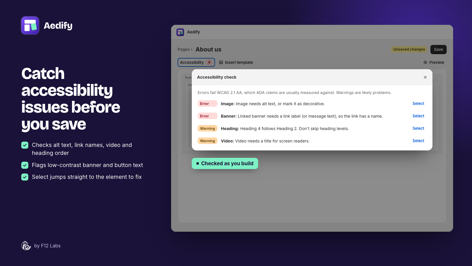 Aedify's Accessibility check dialog on an About us page, listing two errors (an image missing alt text, a linked banner without a link label) and two warnings (a skipped heading level, a video without a title), each with a Select button