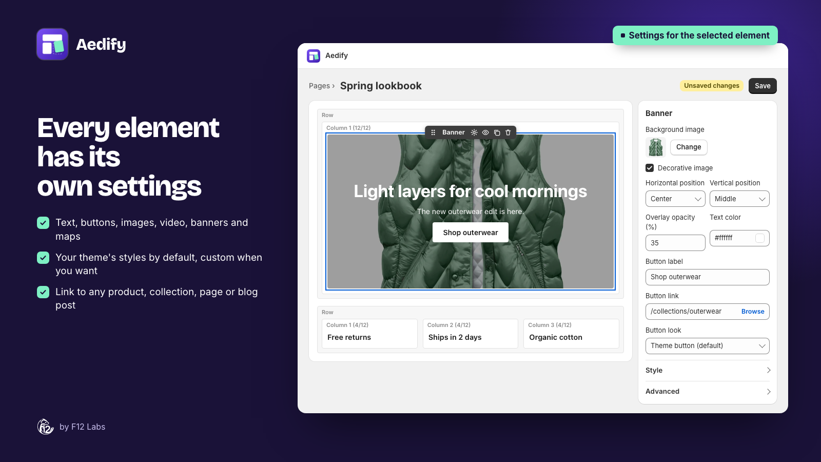 The Aedify builder with a banner selected on the canvas, and its settings on the right: background image, Decorative image, position, overlay opacity, text color, button label, link and look