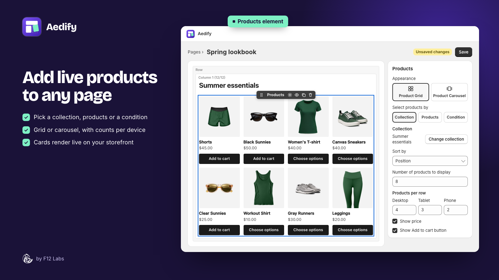 The Aedify builder with a Products element showing eight product cards in a grid, and its settings: Appearance, Select products by Collection, Sort by Position, Number of products to display 8, Products per row 4, 3 and 2