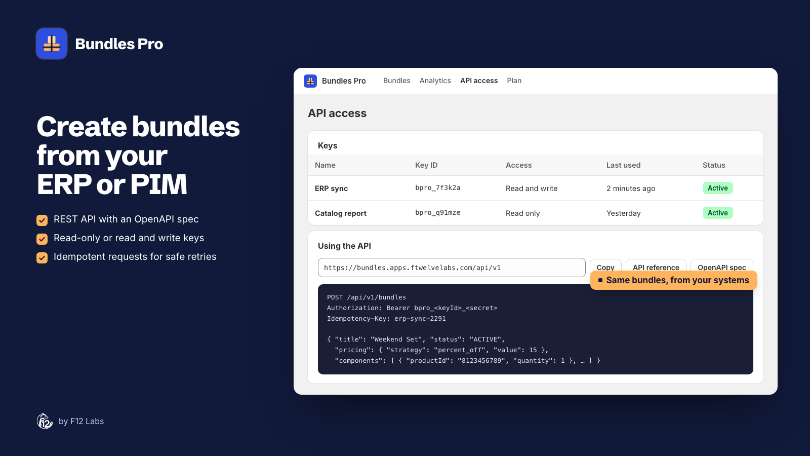 The API access page in Bundles Pro with two keys, ERP sync (read and write) and Catalog report (read only), the base URL, and an example request creating a bundle