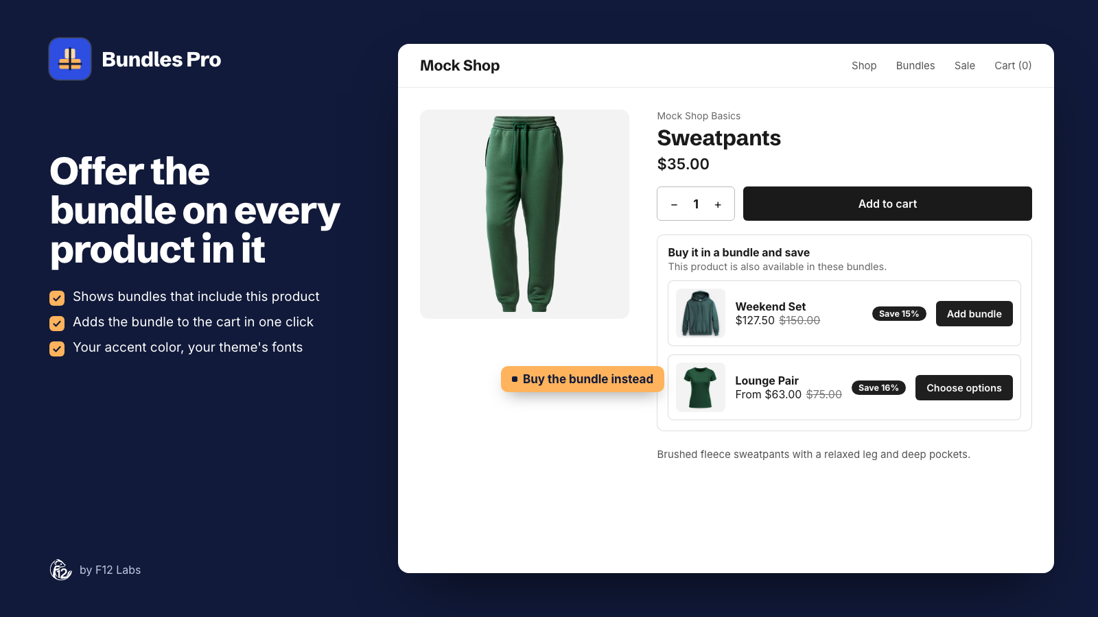 The Sweatpants product page at $35.00 with the Buy it in a bundle and save block, listing Weekend Set at $127.50 with $150.00 struck through and a Save 15% badge, and Lounge Pair from $63.00 with $75.00 struck through, Save 16%, and Choose options