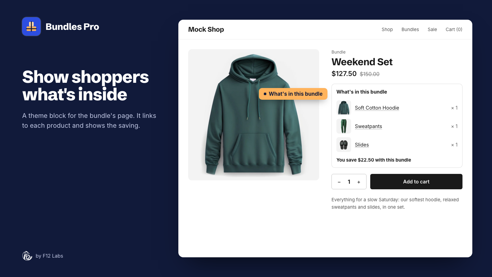 The Weekend Set bundle product page at $127.50, with $150.00 struck through, and the What's in this bundle block listing Soft Cotton Hoodie, Sweatpants and Slides, each × 1, and You save $22.50 with this bundle