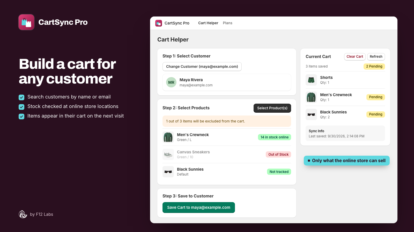 Cart Helper with a customer selected, three products picked with their online stock, and the customer's current cart showing two lines marked Pending