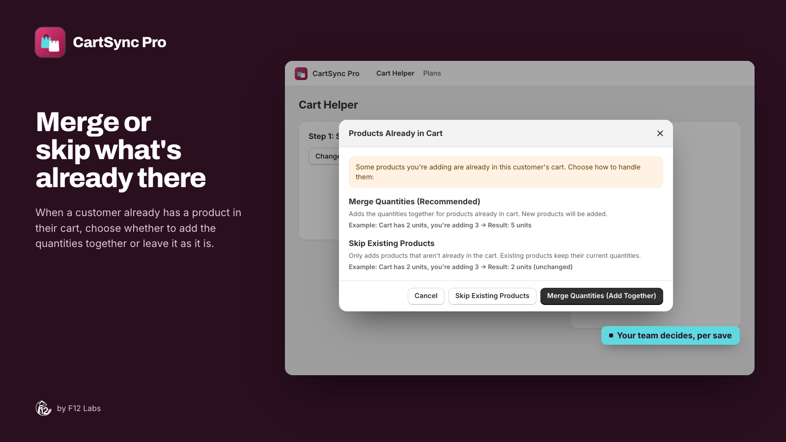 The Products Already in Cart dialog with Cancel, Skip Existing Products and Merge Quantities (Add Together) buttons