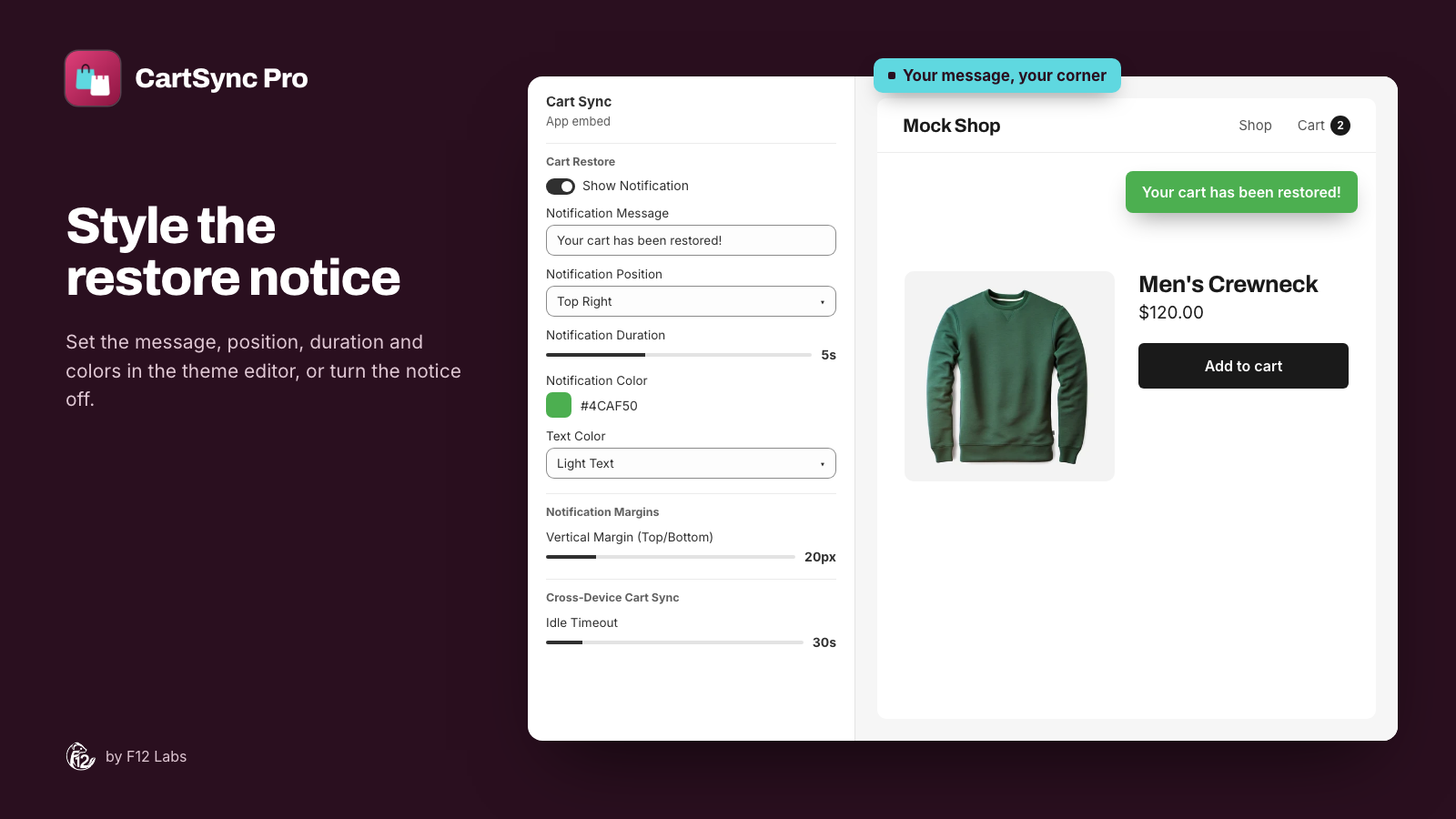 The Cart Sync app embed settings in the theme editor next to a storefront preview showing the notice