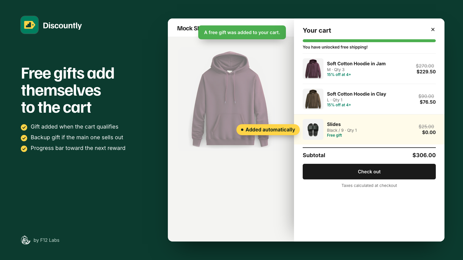 A cart with two hoodies at 15% off and a pair of slides at $0.00 labelled