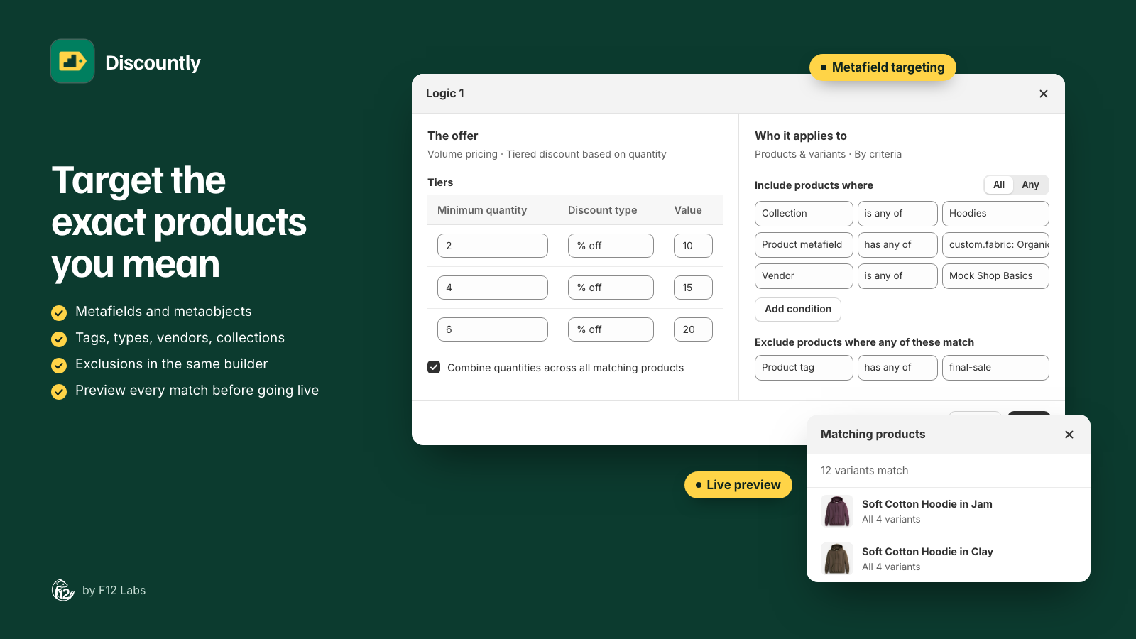 The Logic 1 window: tiers at 2 for 10% off, 4 for 15% off and 6 for 20% off, Combine quantities across all matching products ticked, and Who it applies to set to criteria on collection, metafield and vendor